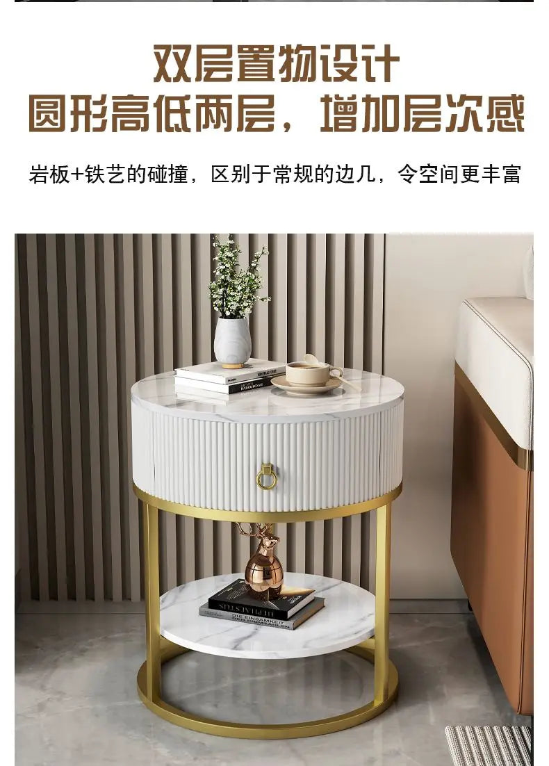 CelesteRound Modern Slate Nightstand – Minimalist Luxury Metal Side Table with Drawer for Bedroom & Living Elegance