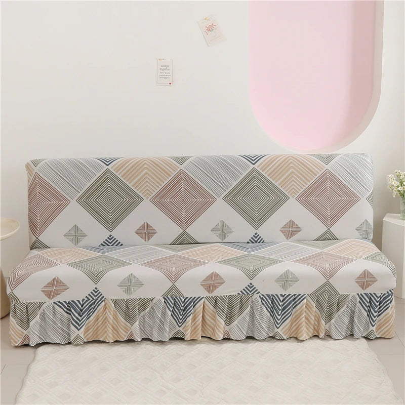 ✨ Maison Skirted Elegance – Print Armless Sofa Bed Cover with Chic Quilted Finish 🌸