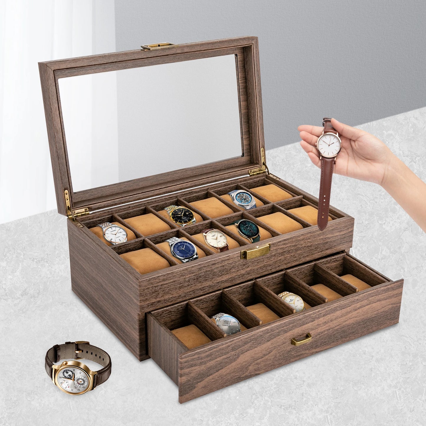 Timeless Elegance: 24-Slot Watch Box with Dual Layers, Brown