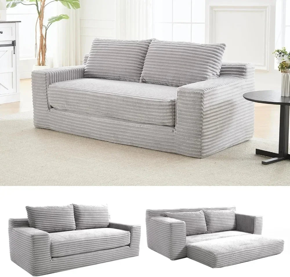 Corduroy Cloud Convertible Loveseat – 2-in-1 Sofa Bed for Small Spaces with Dual Pillows & Retro-Modern Charm