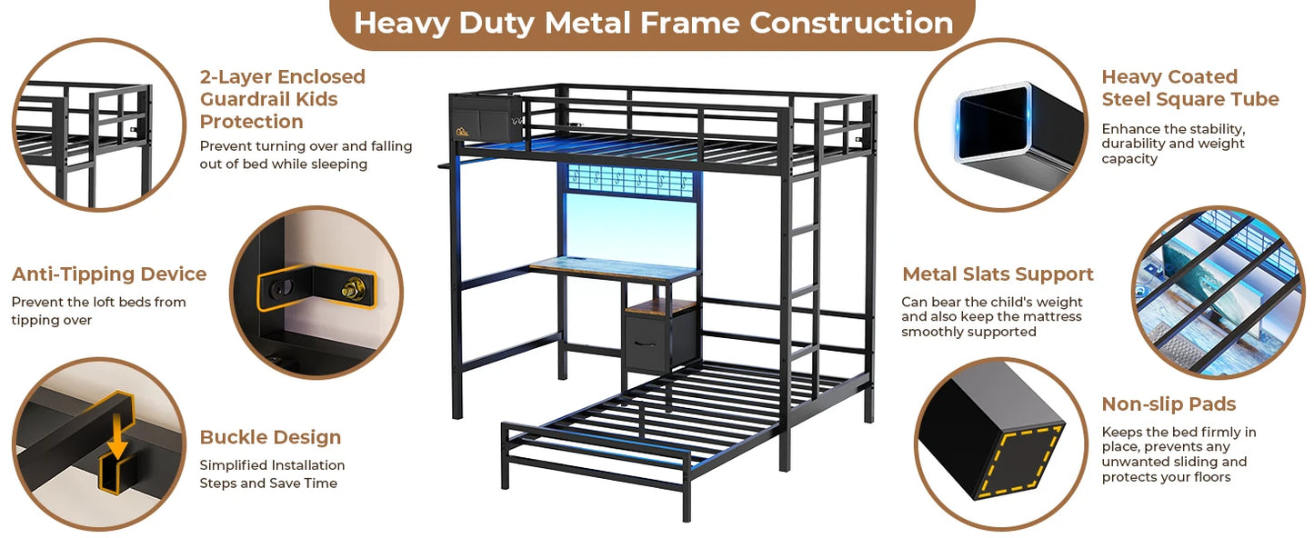 L-Shaped Twin Over Twin Bunk Bed with Desk & Storage – Modern Minimalist Loft Bed for Stylish Spaces, Metal & MDF Design, Sleek and Functional