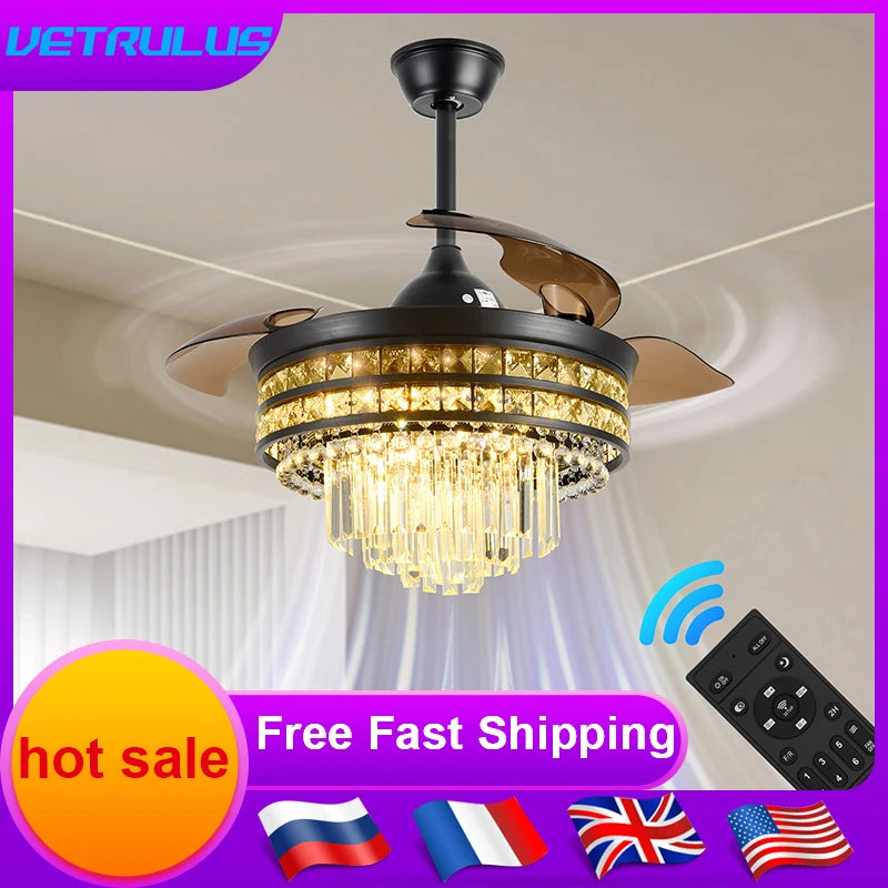 Smart RC Ceiling Fan Lamp Led Light Modern Home Decor Crystal Black Chandelier Living Dining Room Indoor Fixture Intelligent