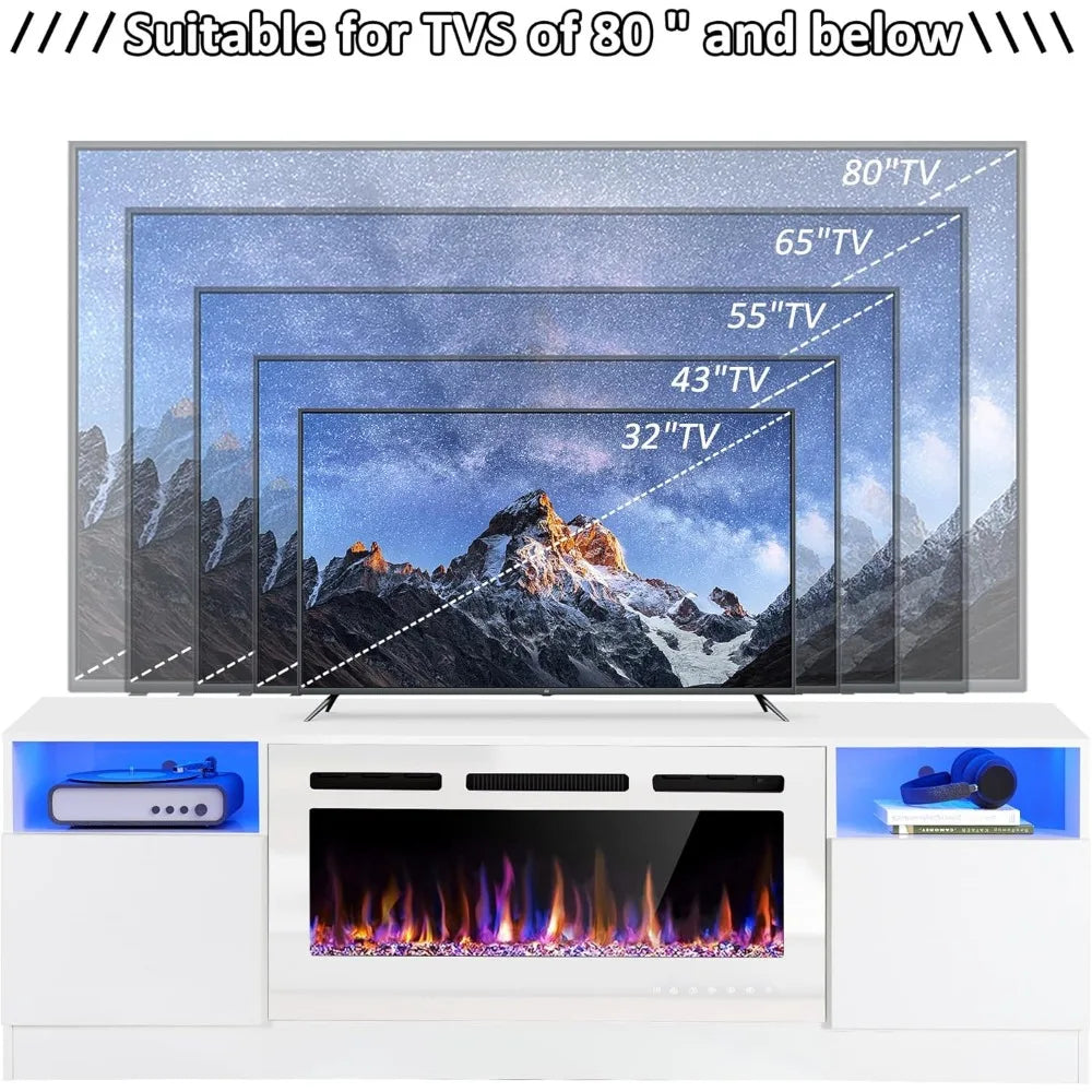 70" Modern Fireplace TV Stand with 36" Electric Fireplace - LED Entertainment Console for Living Room, TV up to 80"