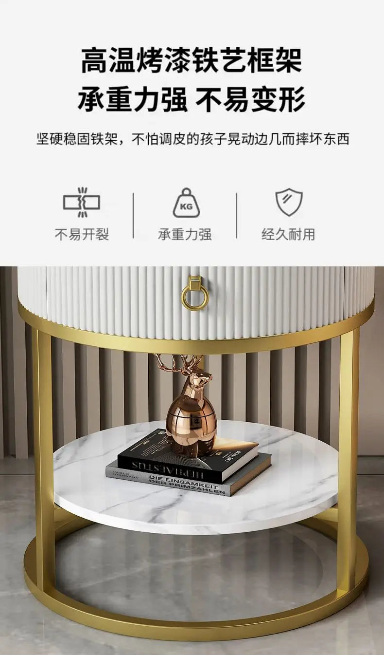 CelesteRound Modern Slate Nightstand – Minimalist Luxury Metal Side Table with Drawer for Bedroom & Living Elegance