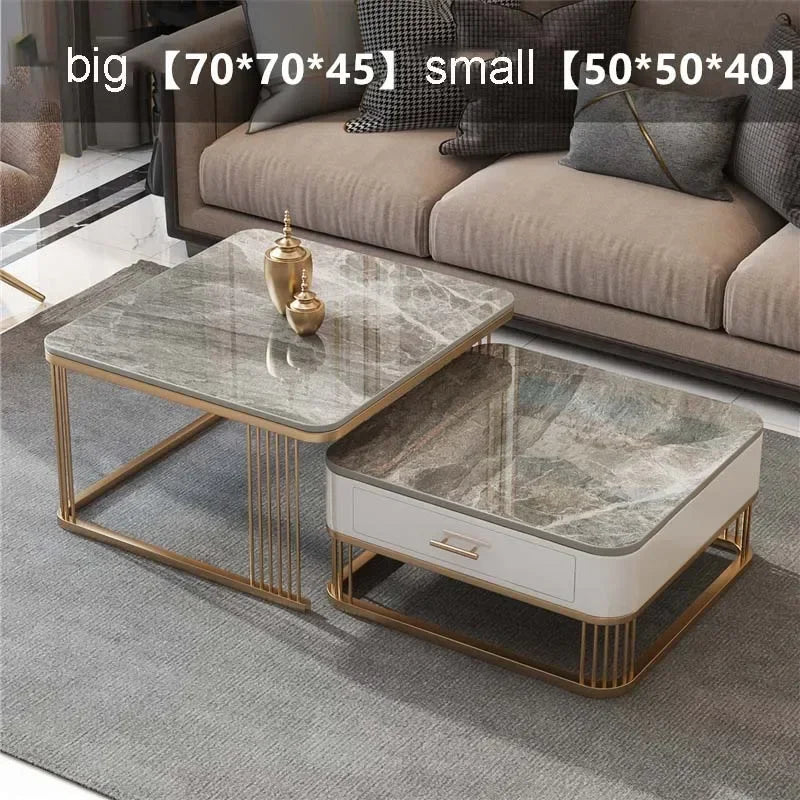 Dwyo Minimalist Square Coffee Table with Storage Drawers – Modern Light Luxury Rock Plate Living Room Table with Metal Frame