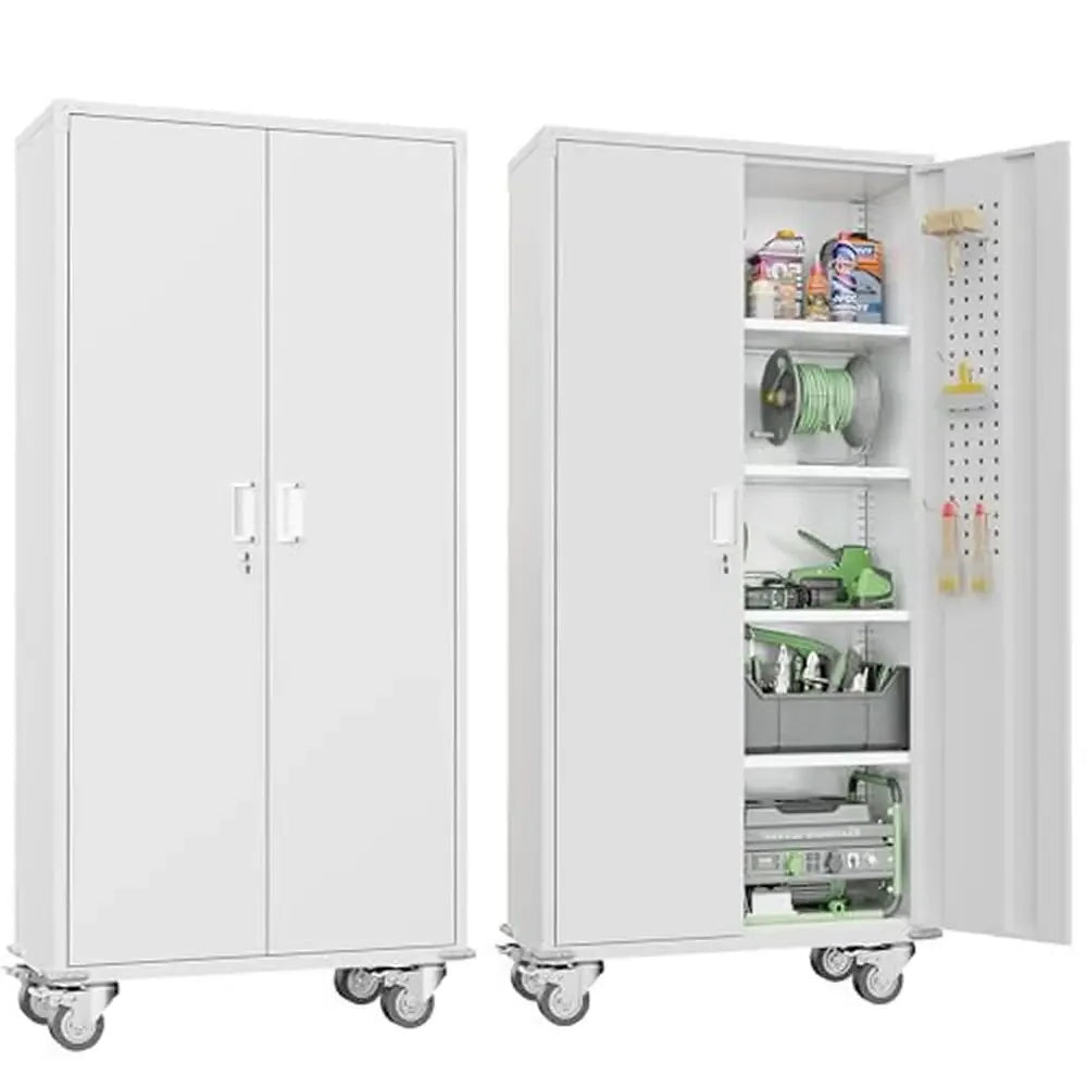 DUTRIEUX 72" Metal Storage Cabinet with Rolling Doors – Tall Locking Steel Cabinet on Wheels for Garage and Tool Organization