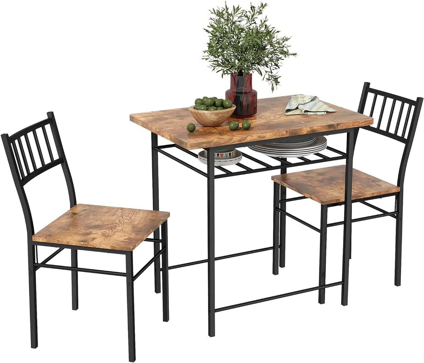 Homcom 3-Piece Dining Table Set for 2 – Small Kitchen Table & Chairs with Built-In Storage, Rustic Brown, Steel Frame, Perfect for Breakfast Nooks & Small Spaces