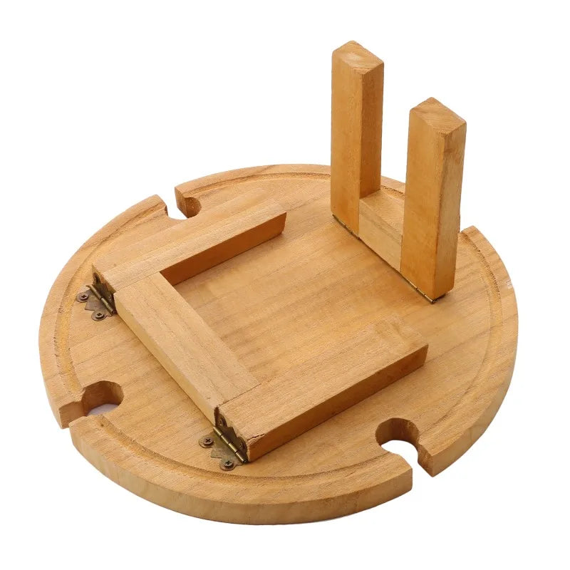 ChâteauEase Bamboo Folding Wine & Snack Table | 2-in-1 Round Picnic Tray With Glass Holder for Garden & Outdoor Gatherings
