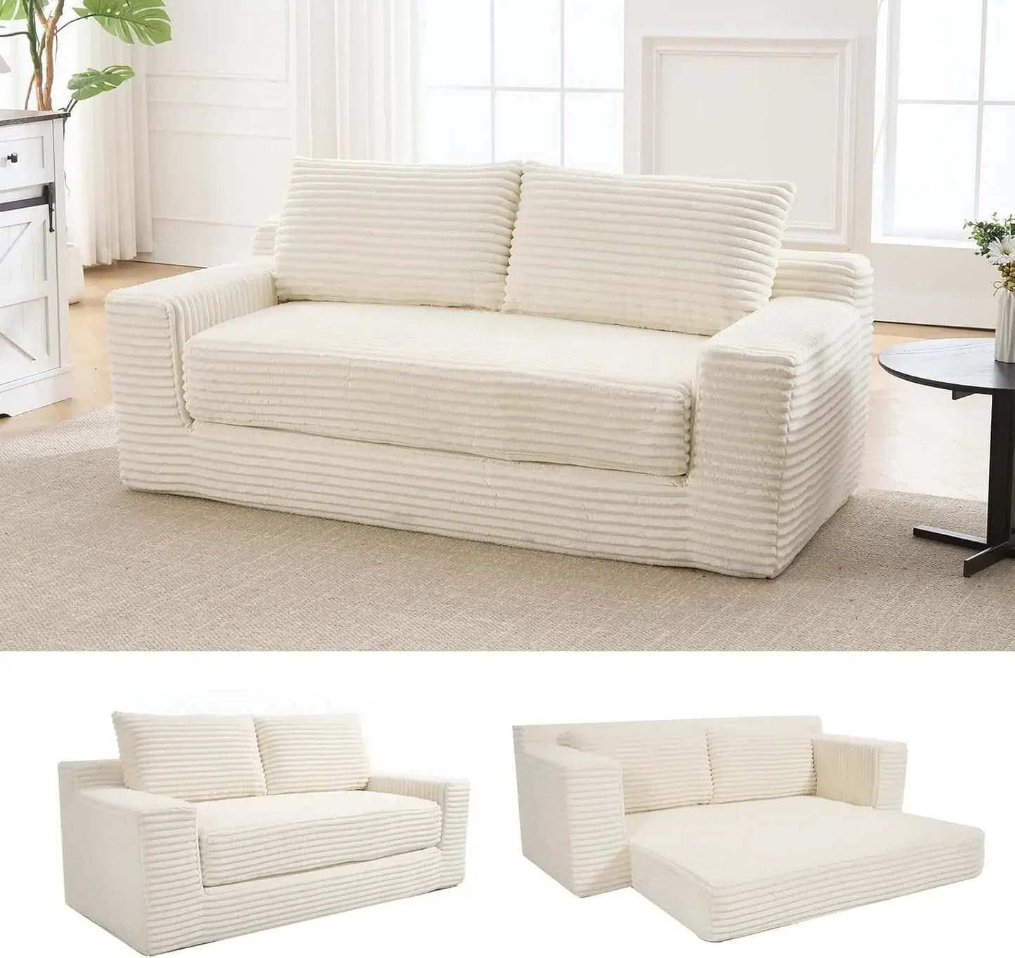 Corduroy Cloud Convertible Loveseat – 2-in-1 Sofa Bed for Small Spaces with Dual Pillows & Retro-Modern Charm