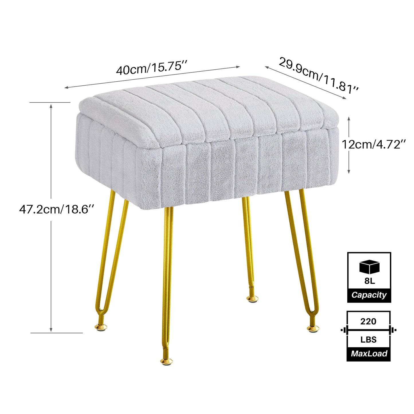 Faux Fur Vanity Stool with Storage – Stylish Makeup Ottoman with Gold Metal Legs for Bedroom & Living Room