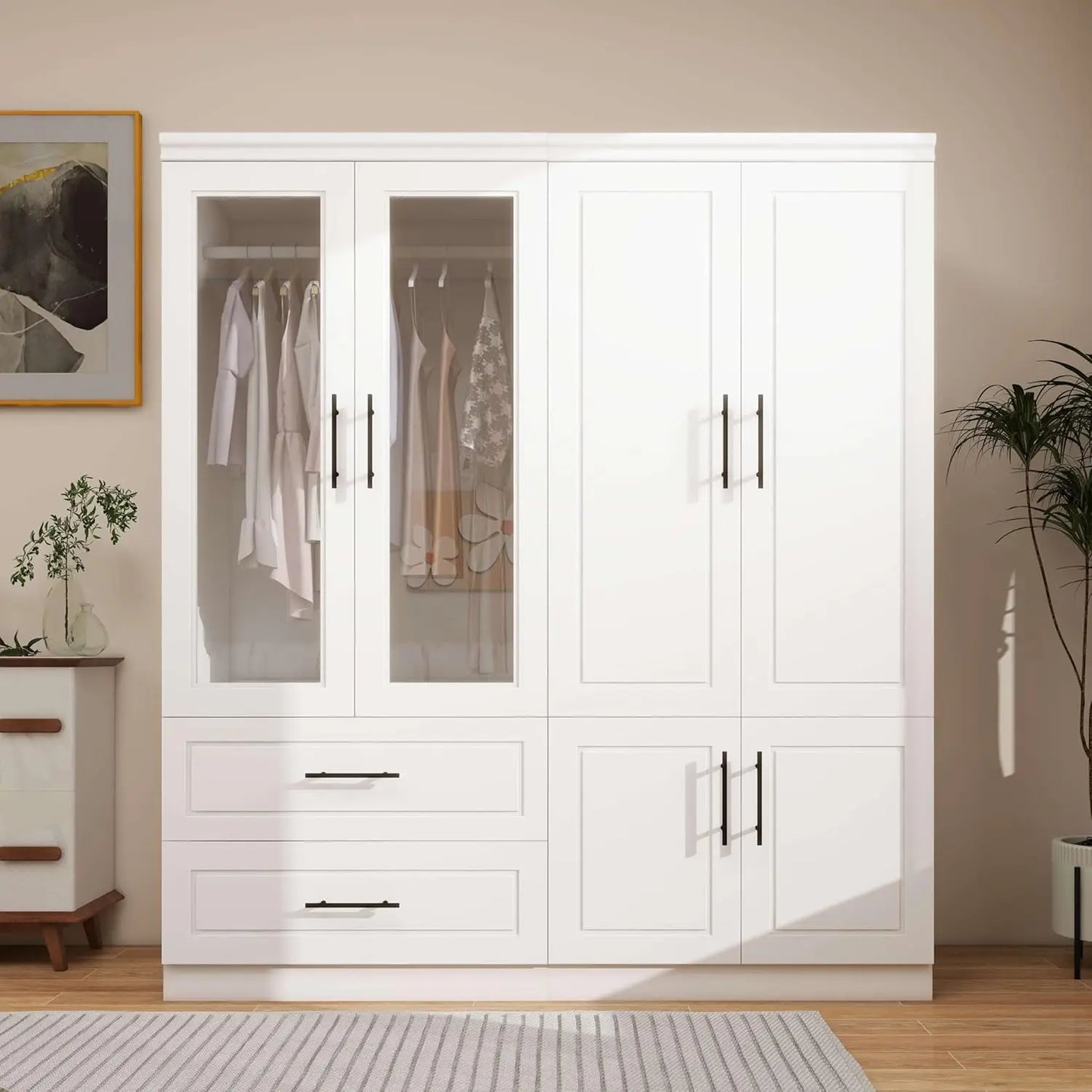 71” Wooden Bedroom Wardrobe with Mirrors & Drawers – High Cabinet Wardrobe with Hangers, Modern Storage Solution for Elegant Spaces