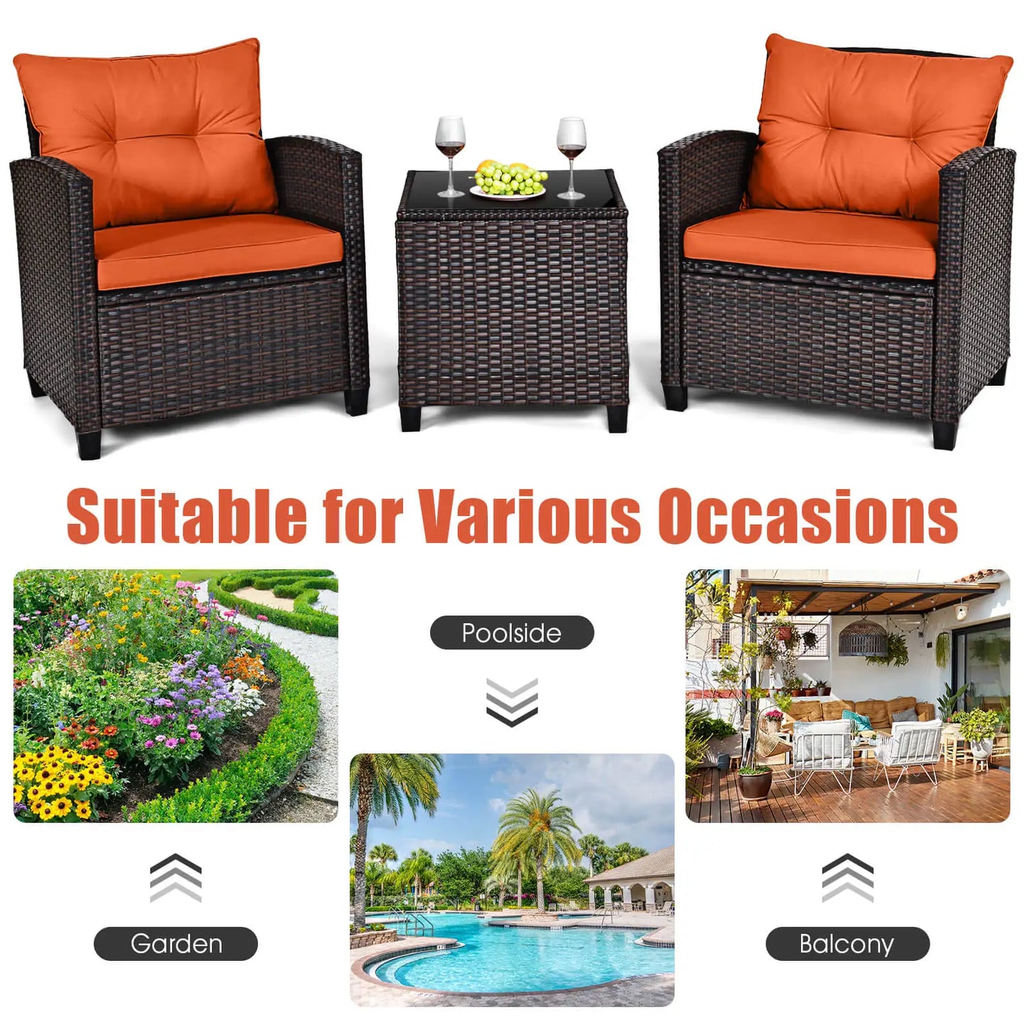 3 PCS Patio Rattan Furniture Set Cushioned Conversation Set Sofa Orange