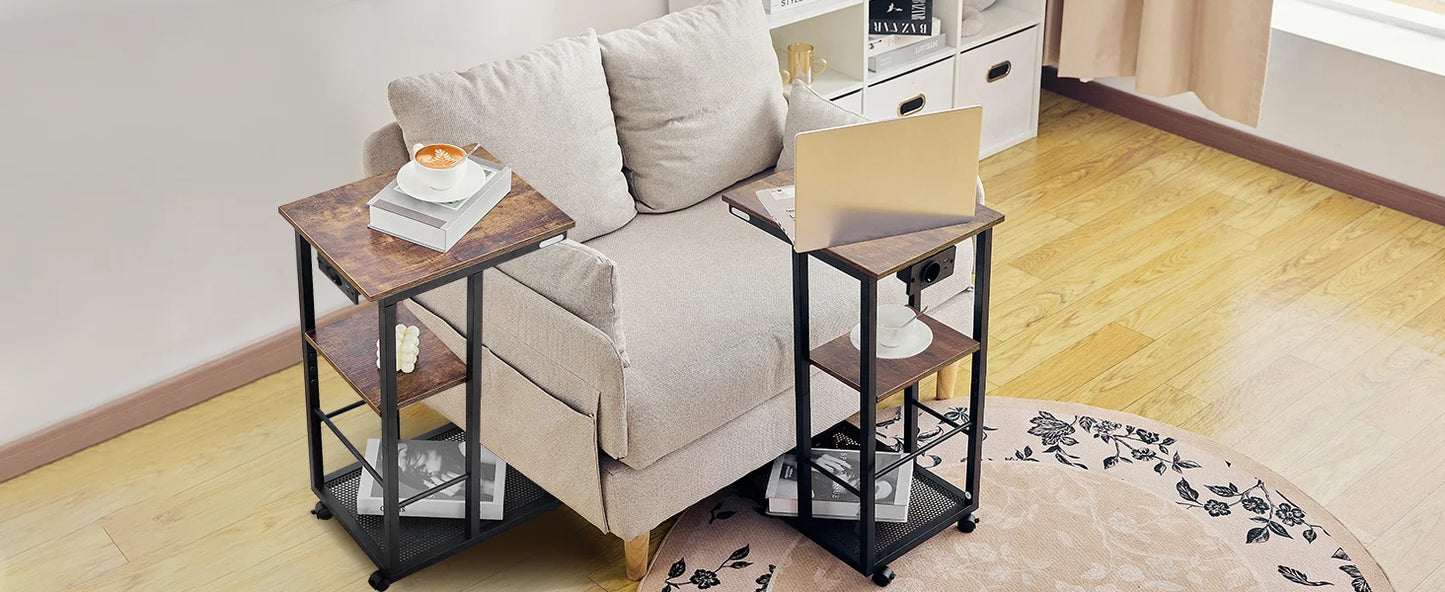 The House Of Bonney Redlife C-Shaped End Table With Charging Station – Rolling Sofa Side Table With Storage Shelves For Small Spaces ⚡🏡