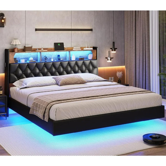 Luminous Dream King Size Floating Bed Frame with RGB LED Headboard, USB Ports & Hidden Storage - Modern Bedroom Furniture