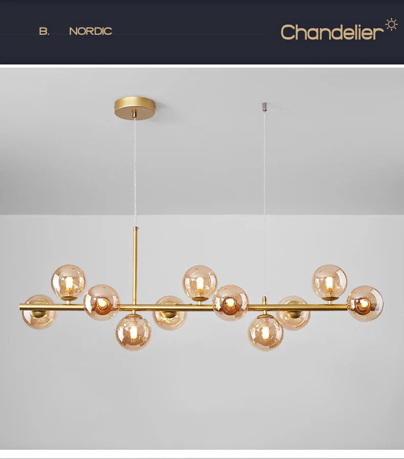 Modern Glass Ball Ceiling Chandelier | Elegant Golden Black Pendant Light For Dining Room, Kitchen Island & Living Spaces