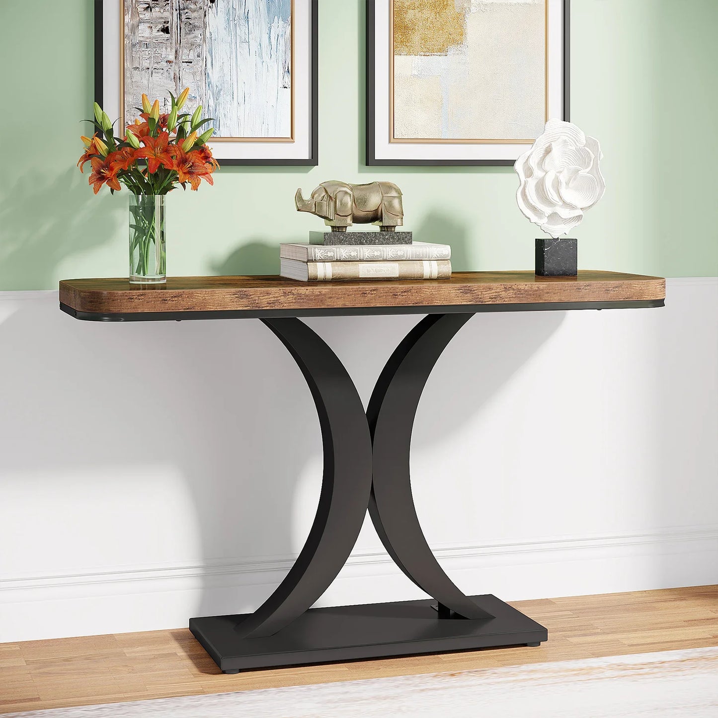 “Avenue Noir” Industrial Console Table — Geometric Iron Frame & Rustic Wood Grain Elegance for Hallway, Entryway, or Living Room