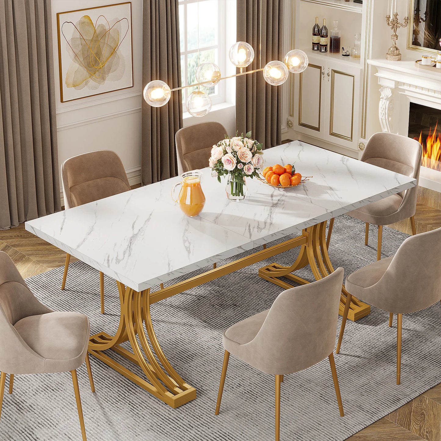 63-Inch Modern Rectangular Dining Table – Faux Marble Top with Gold Metal Legs, Seats 4-6, Stylish Dining Table for Home or Office