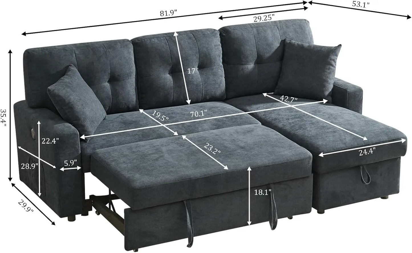 L-Shape Storage Sofa with Pull-Out Sleeper & USB/Type-C Charging – The House of Bonney