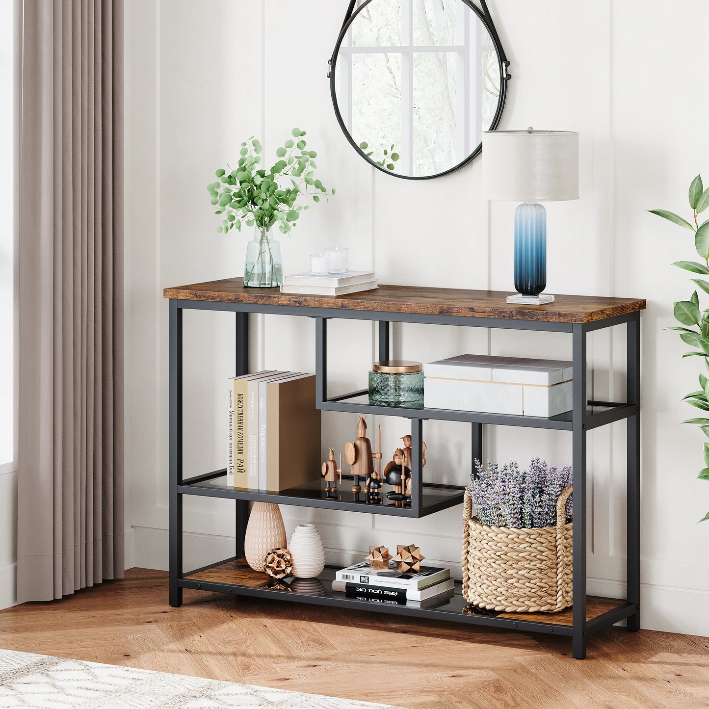 Console Table, 4-Tier Sofa Tables Narrow Entryway Table with Glass Shelf & Metal Frame, 39.4" Behind Couch Table for Living Room