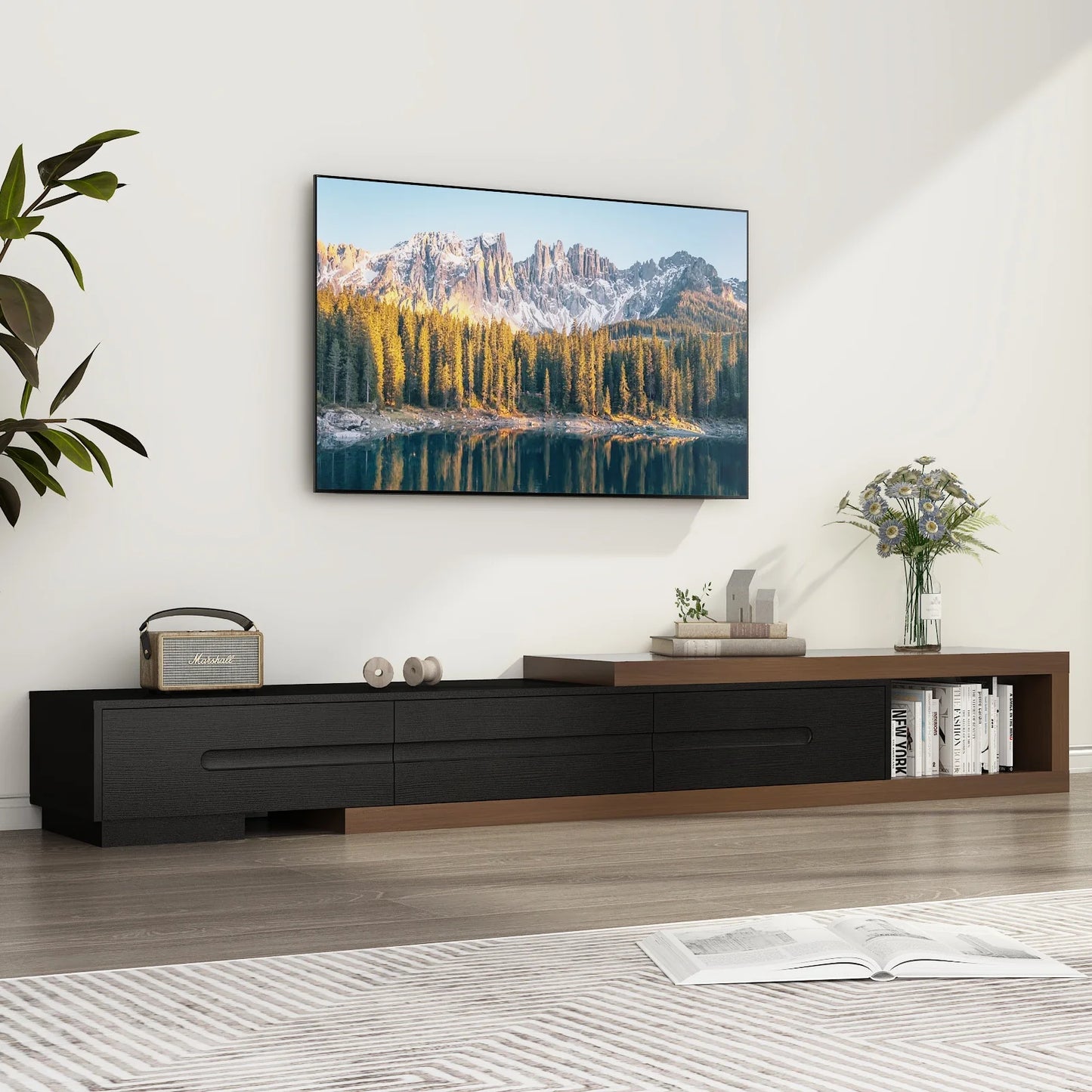 The Bonney Extendable Silhouette Media Console — 82–110” Modern Walnut & High-Gloss TV Stand with Reversible Design and 3 Hidden Drawers