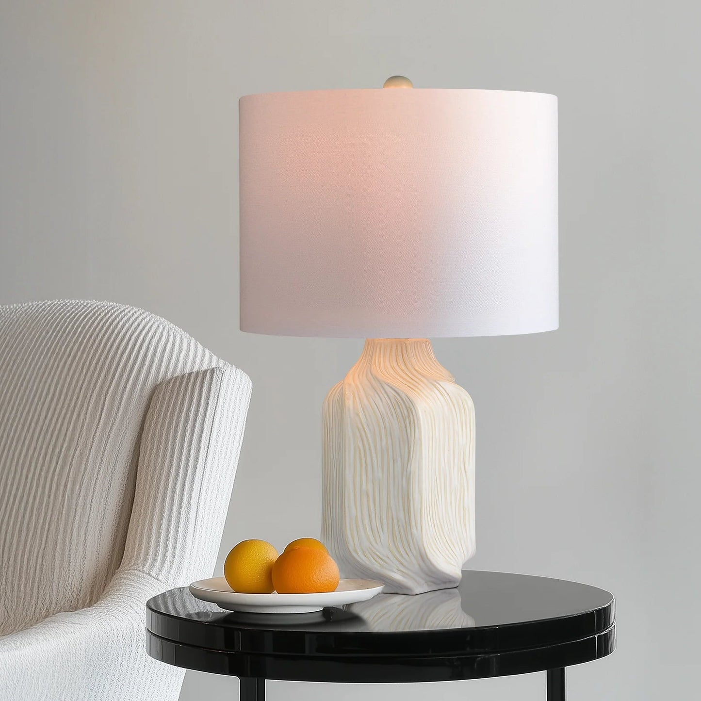 Celestia 21" Etched Ceramic Table Lamp – Handcrafted Gloss White Elegance with Linen Shade