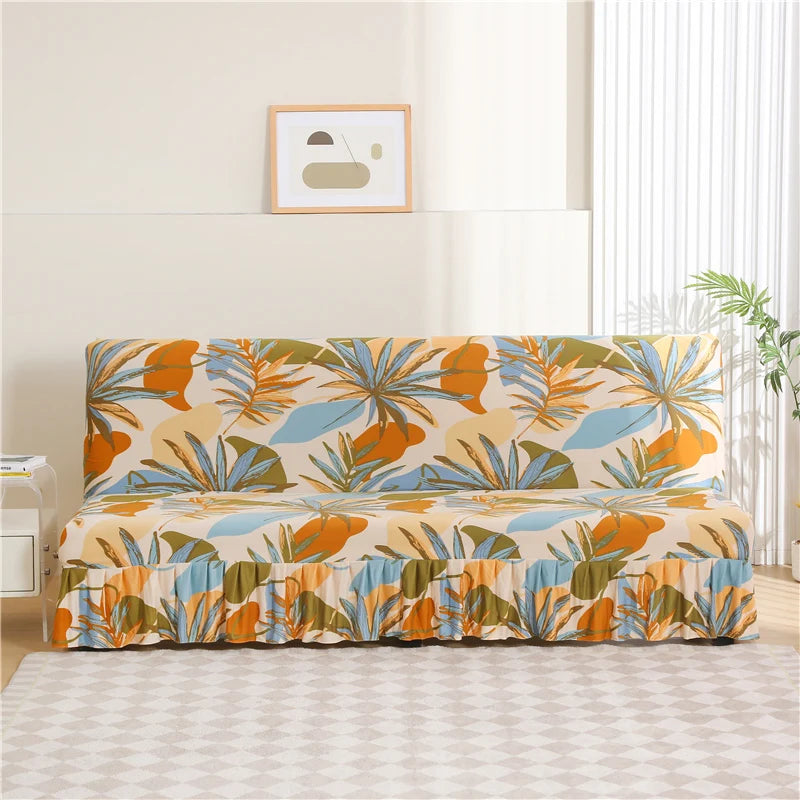 ✨ Maison Skirted Elegance – Print Armless Sofa Bed Cover with Chic Quilted Finish 🌸