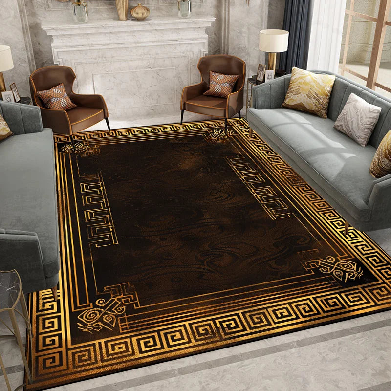 MidnightGold Luxe Flannel Area Rug – Modern Black & Gold Geometric Carpet for Living Room, Bedroom & Study Glamour