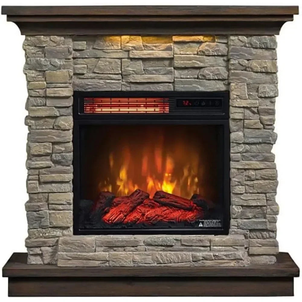 Smoky Gray Stone Wall Mantel Electric Fireplace | Remote-Controlled, 5,200 BTU Infrared Heater