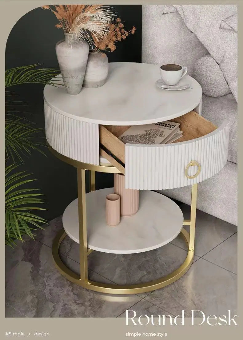 CelesteRound Modern Slate Nightstand – Minimalist Luxury Metal Side Table with Drawer for Bedroom & Living Elegance