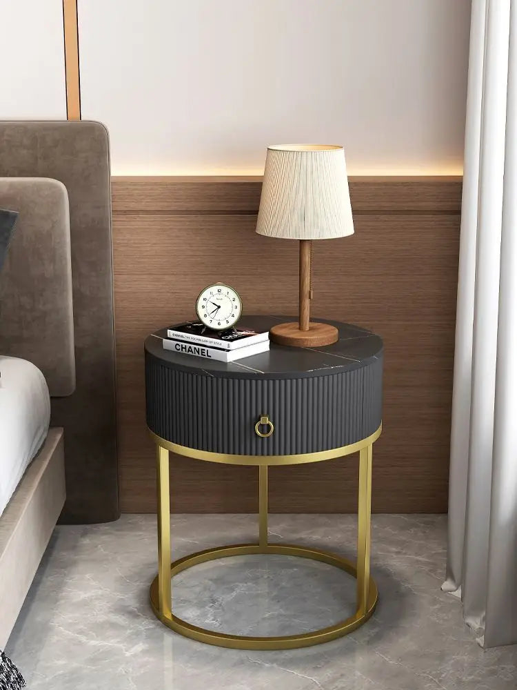 CelesteRound Modern Slate Nightstand – Minimalist Luxury Metal Side Table with Drawer for Bedroom & Living Elegance