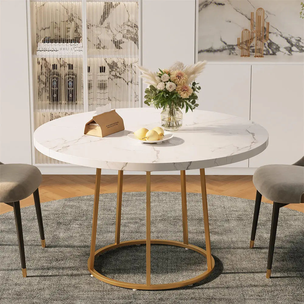 Opulence Round Dining Table – 47” White Marble Luxe with Gold Sculptural Base for Inspired Gatherings