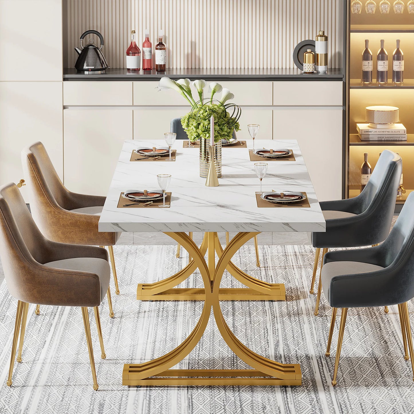 63-Inch Modern Rectangular Dining Table – Faux Marble Top with Gold Metal Legs, Seats 4-6, Stylish Dining Table for Home or Office