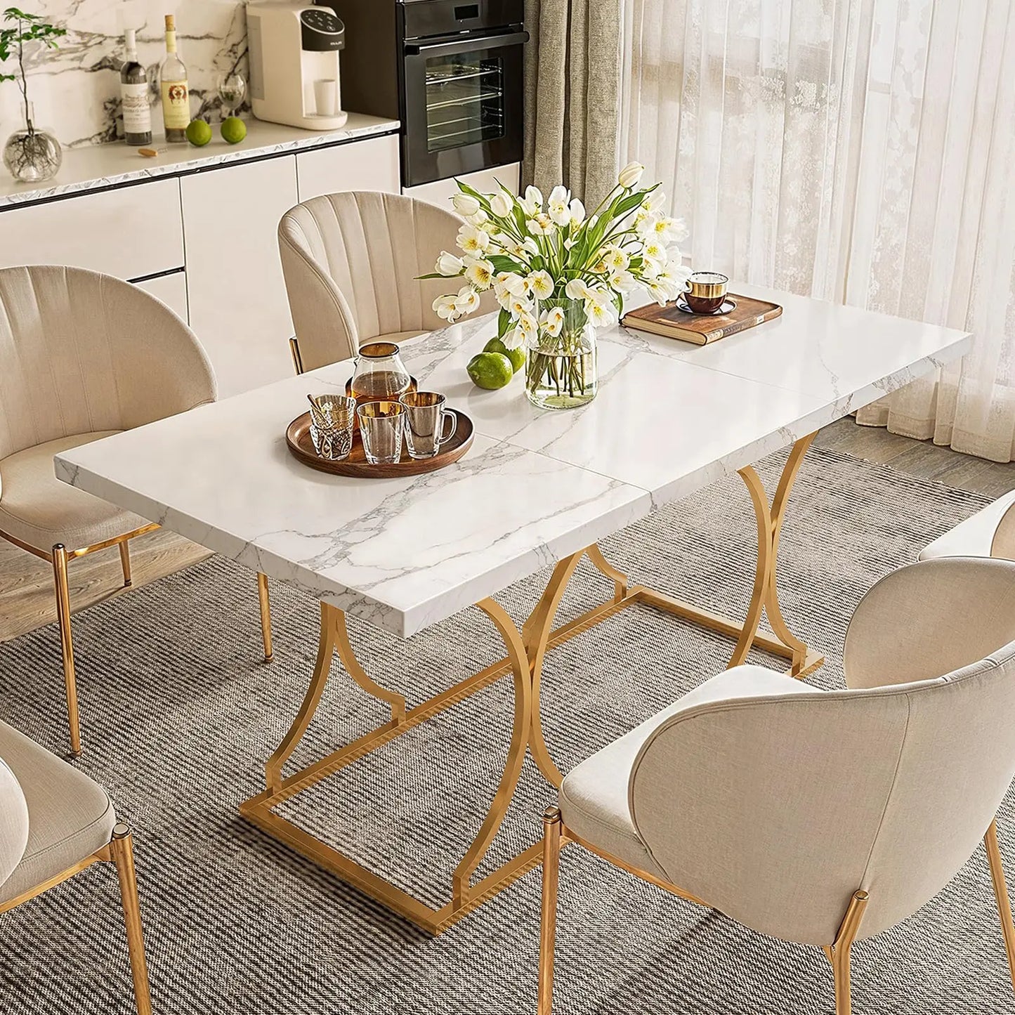 Opulence Round Dining Table – 47” White Marble Luxe with Gold Sculptural Base for Inspired Gatherings