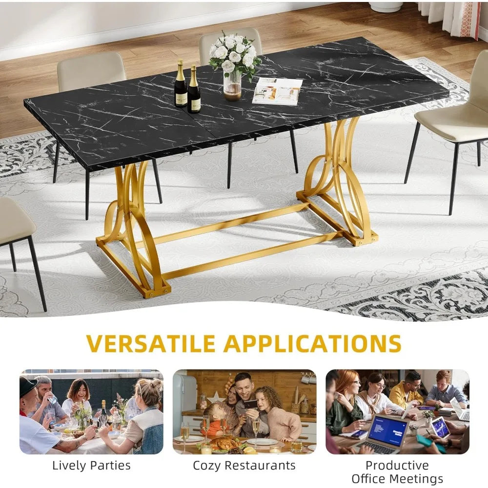 70.3" Modern Rectangular Dining Table – Faux Marble Top with Gold Geometric Metal Legs for 6-8 People