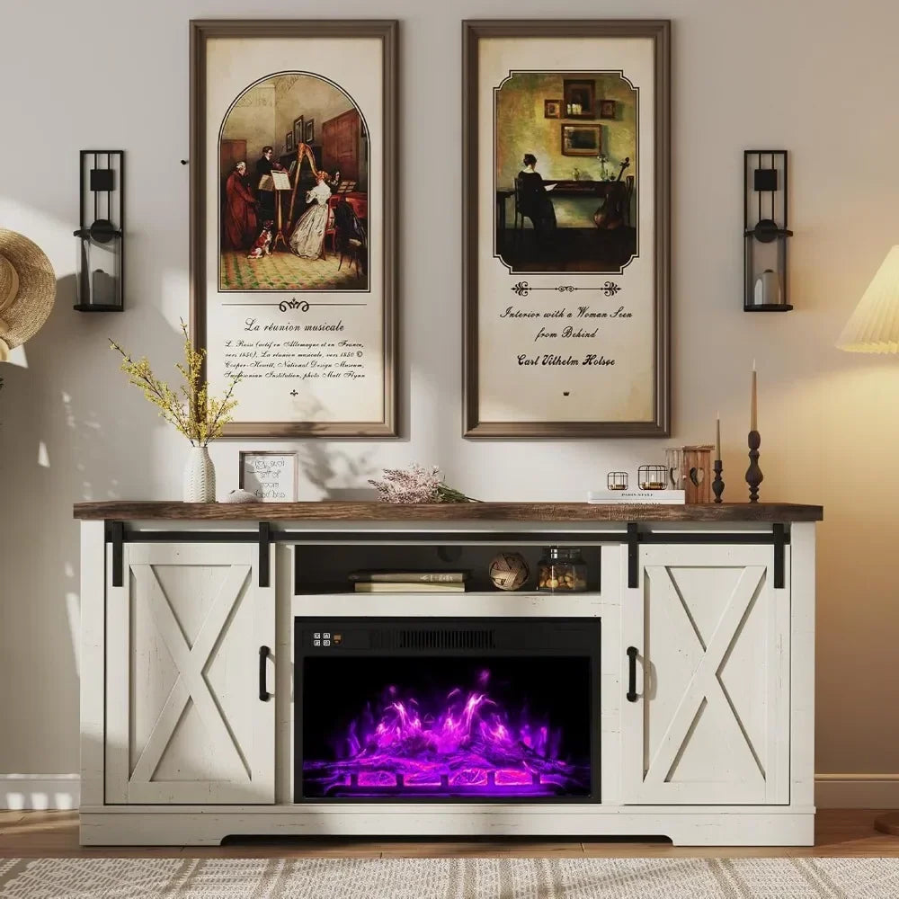 The House Of Bonney 63" Farmhouse Fireplace TV Stand with Storage Cabinets & Sliding Barn Doors