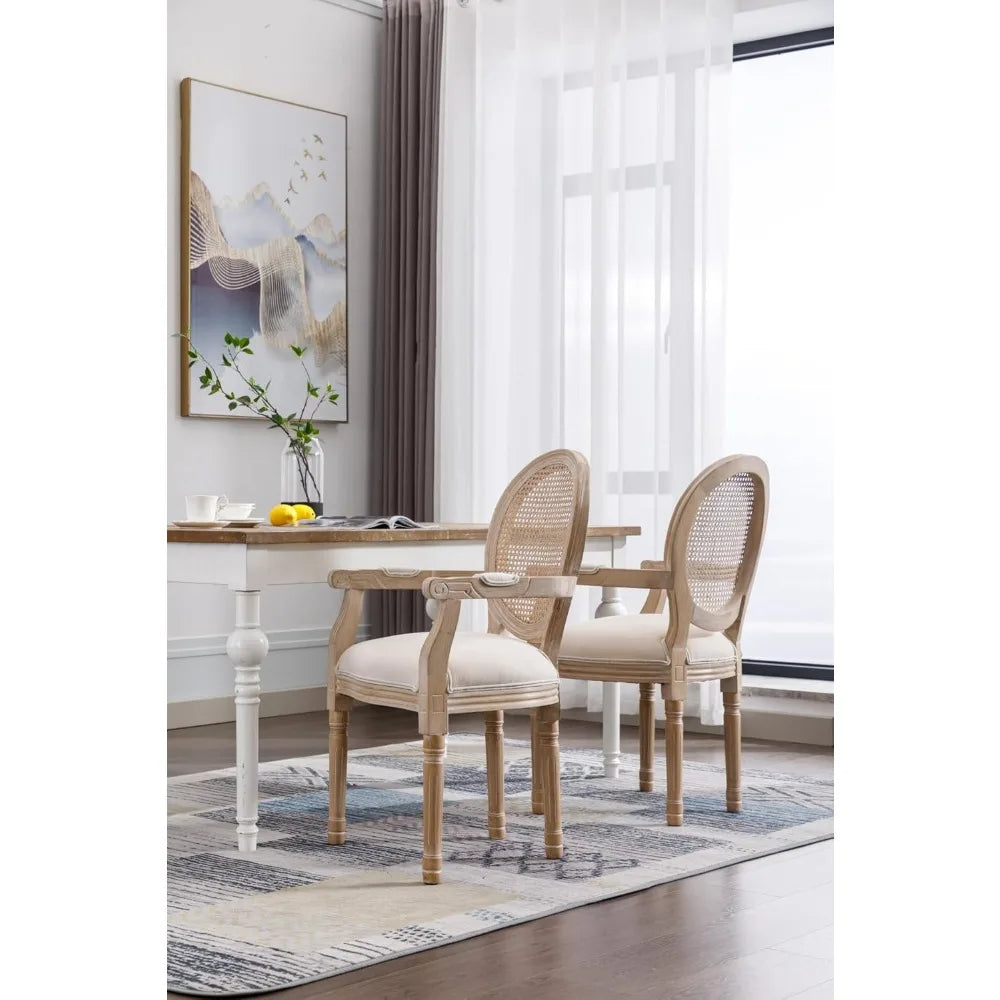 Chic French-Inspired Dining Chairs Set of 2 – Elegant Upholstered Linen & Rattan Back, Weathered Rubber Legs, Perfect for Dining & Living Spaces