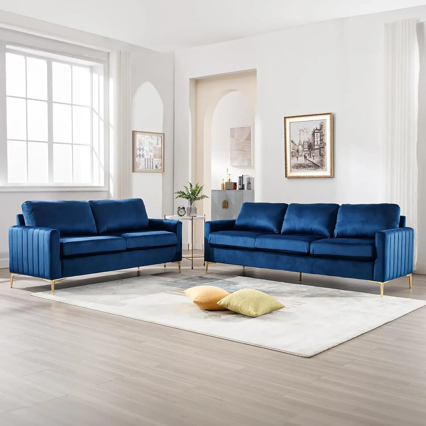 Luxurious Velvet Tufted Sofa & Loveseat Set – Modern 2-Piece Living Room Furniture with Gold Legs and Removable Cushions