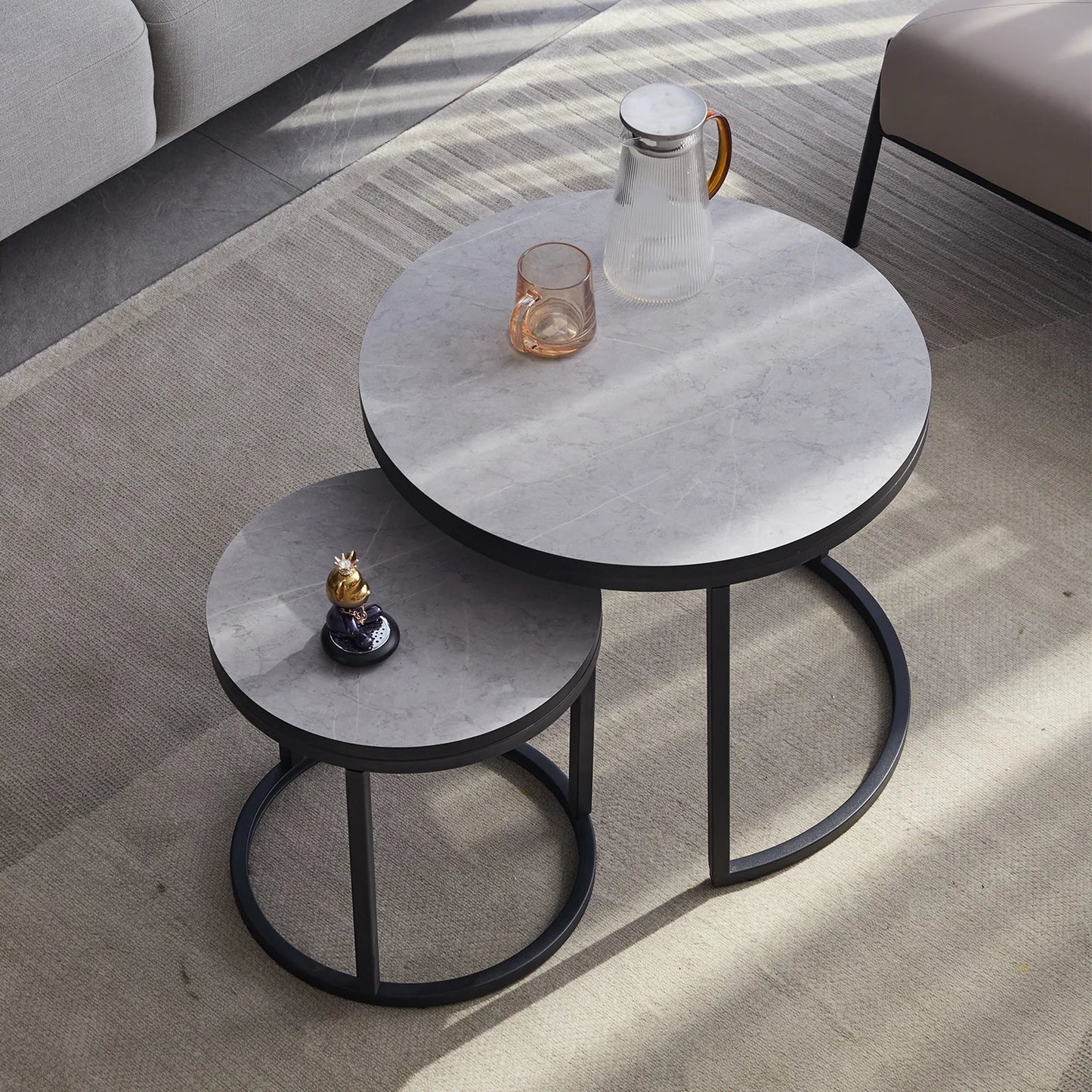 Maison Dualité: Nordic Round Nesting Coffee Table Set – Sculpted Elegance for Modern Interiors (2-in-1 Combo)