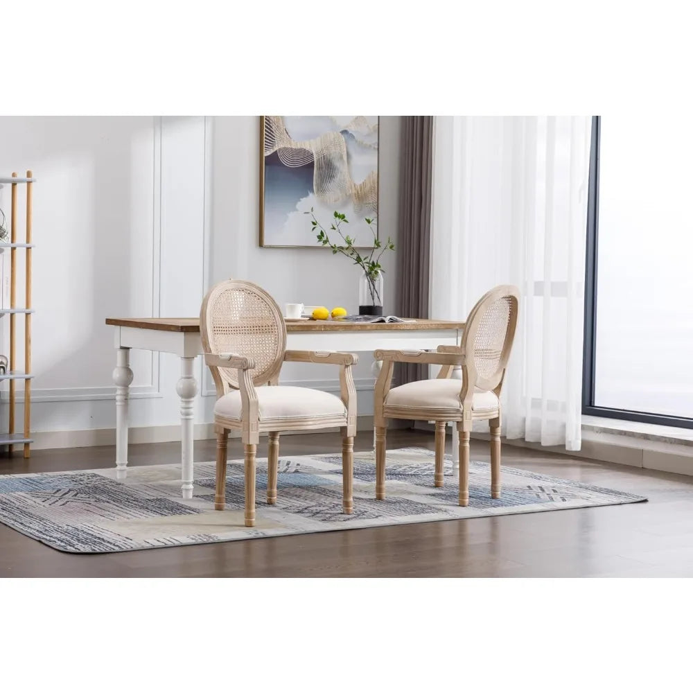 Chic French-Inspired Dining Chairs Set of 2 – Elegant Upholstered Linen & Rattan Back, Weathered Rubber Legs, Perfect for Dining & Living Spaces