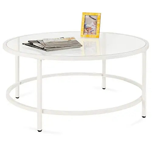 The Celeste Round Glass Coffee Table – Sleek Modern Elegance with Satin Metal Accents