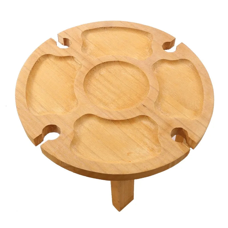 ChâteauEase Bamboo Folding Wine & Snack Table | 2-in-1 Round Picnic Tray With Glass Holder for Garden & Outdoor Gatherings