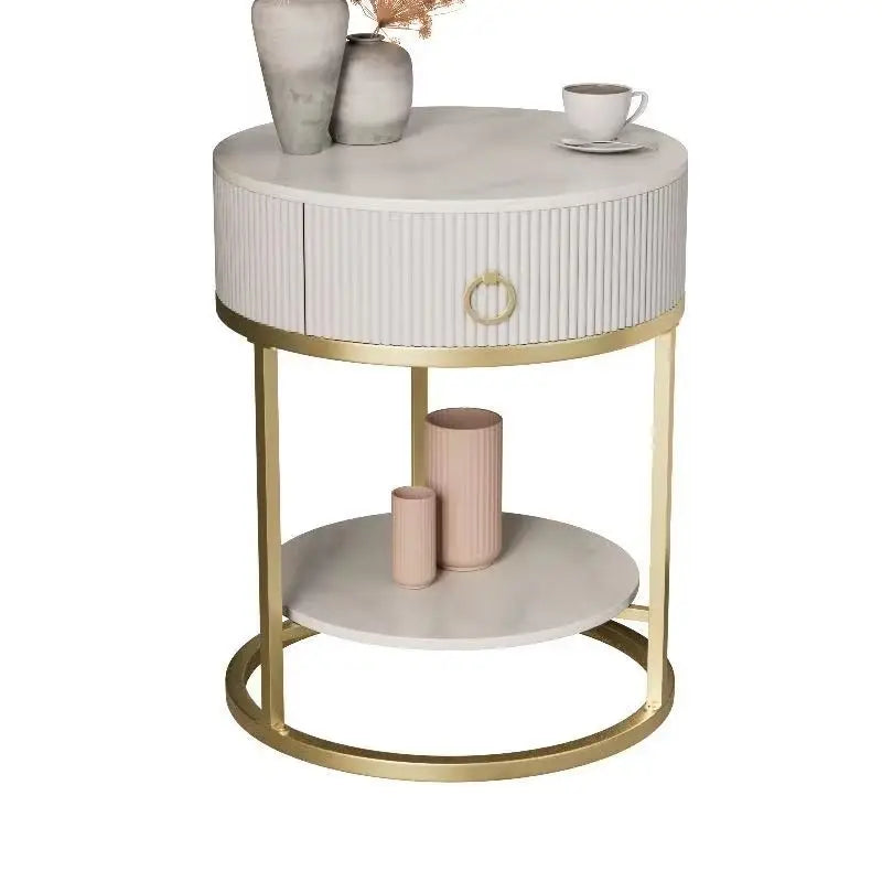 CelesteRound Modern Slate Nightstand – Minimalist Luxury Metal Side Table with Drawer for Bedroom & Living Elegance