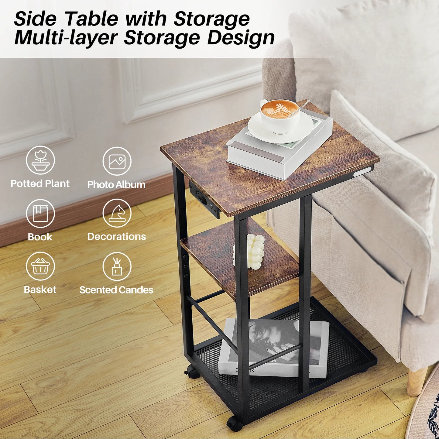 The House Of Bonney Redlife C-Shaped End Table With Charging Station – Rolling Sofa Side Table With Storage Shelves For Small Spaces ⚡🏡