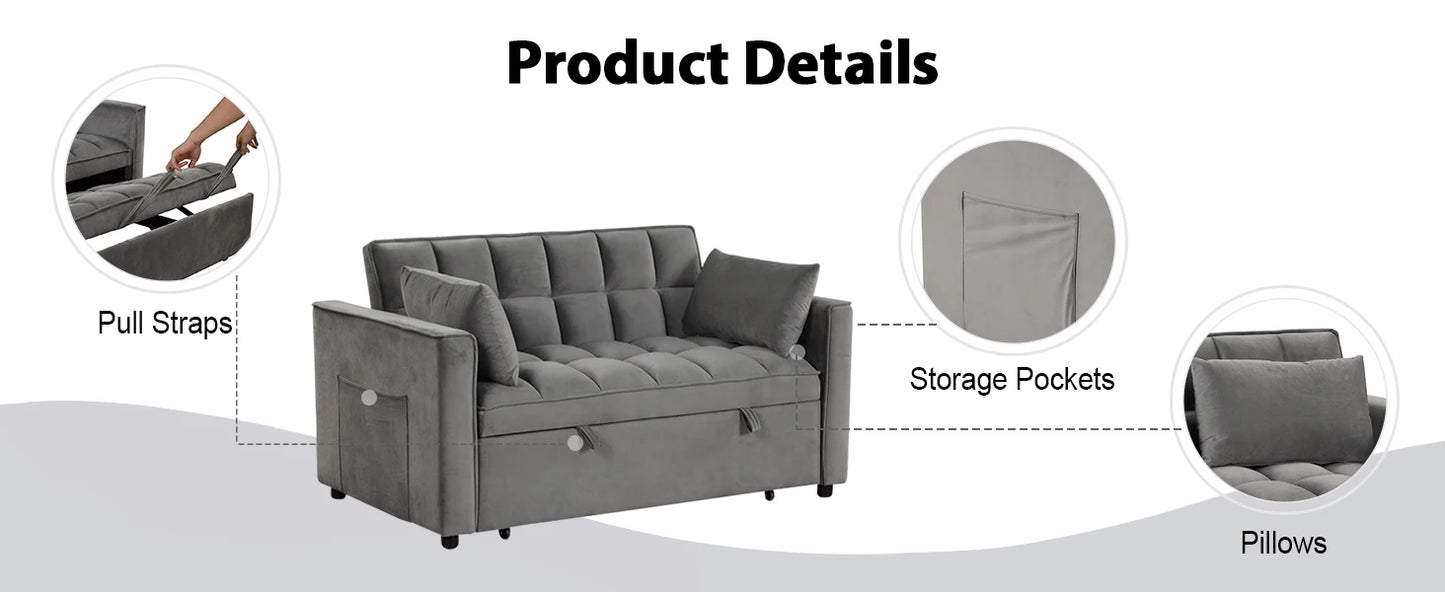 The House Of Bonney EBELLO 3-In-1 Velvet Convertible Sofa Bed – Modern Space-Saving Double Sleeper With Pillows