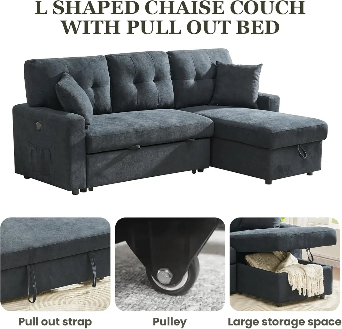 L-Shape Storage Sofa with Pull-Out Sleeper & USB/Type-C Charging – The House of Bonney