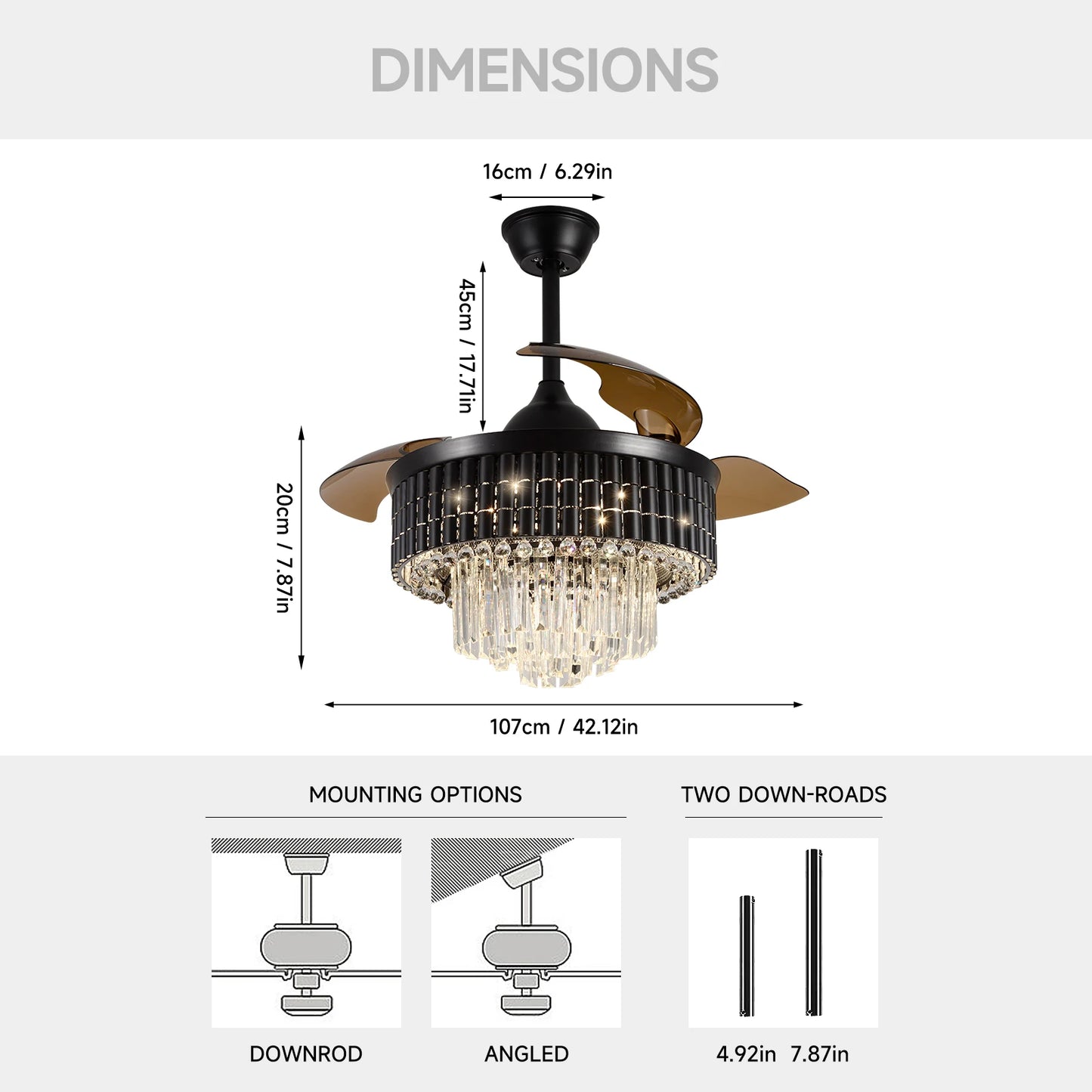 Smart RC Ceiling Fan Lamp Led Light Modern Home Decor Crystal Black Chandelier Living Dining Room Indoor Fixture Intelligent