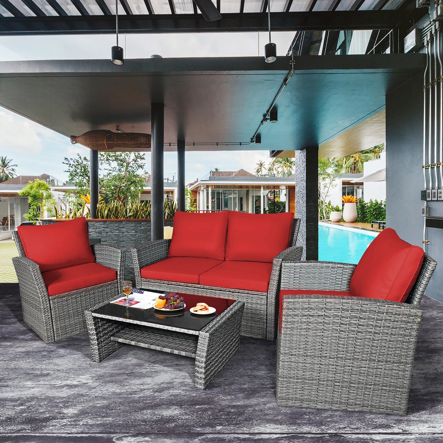 Maison Veranda: 4-Piece Rattan Conversation Set with Storage Coffee Table & Red Cushions