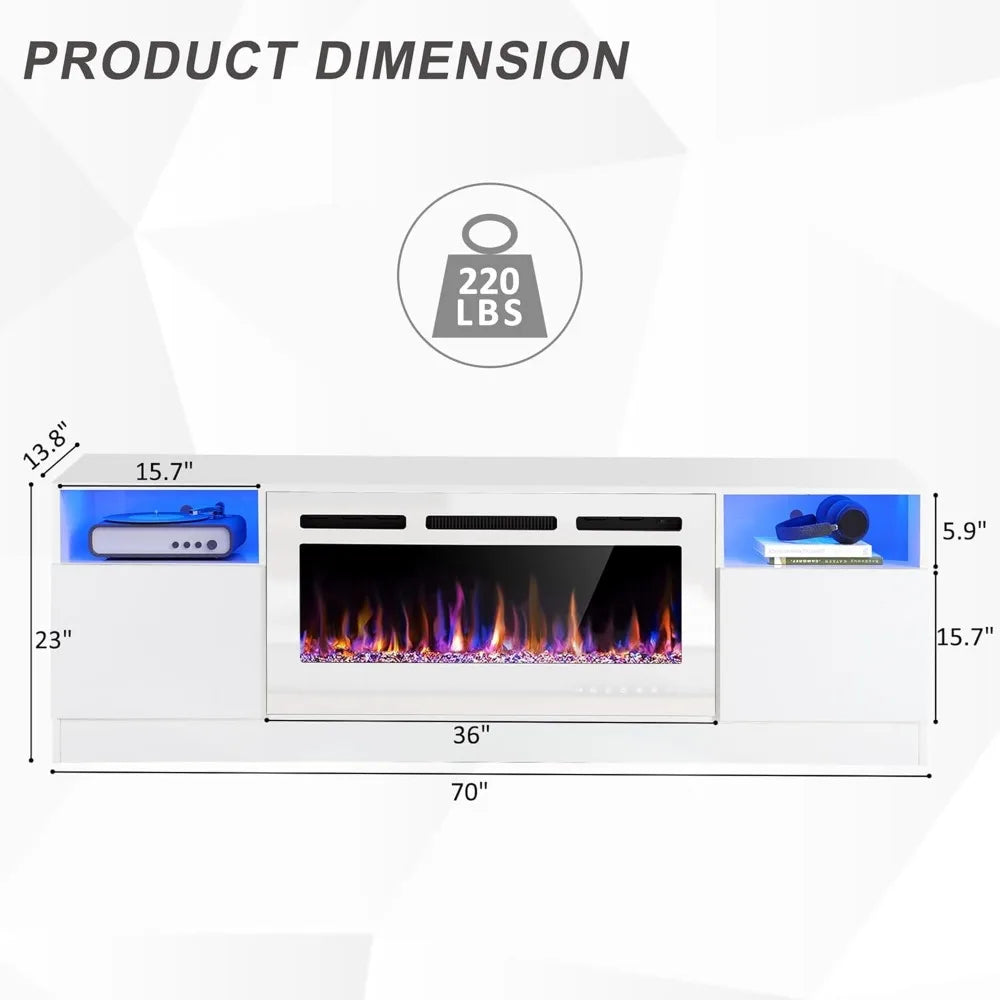 70" Modern Fireplace TV Stand with 36" Electric Fireplace - LED Entertainment Console for Living Room, TV up to 80"