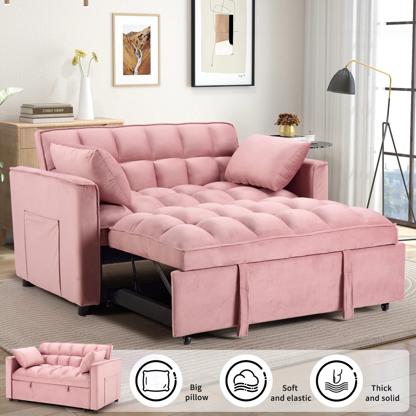 The House Of Bonney EBELLO 3-In-1 Velvet Convertible Sofa Bed – Modern Space-Saving Double Sleeper With Pillows