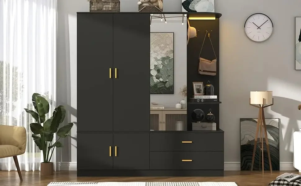 LUMINA Wardrobe – 5-Door Modern Armoire with Sensor Lighting, Acrylic Mirror & Luxe Storage